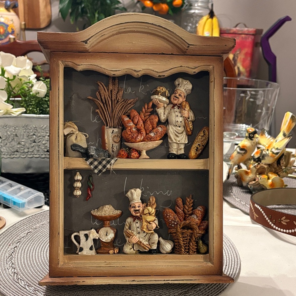 Vintage Farmhouse Kitchen Shadow Box Cabinet Chef Baker Bread Decor